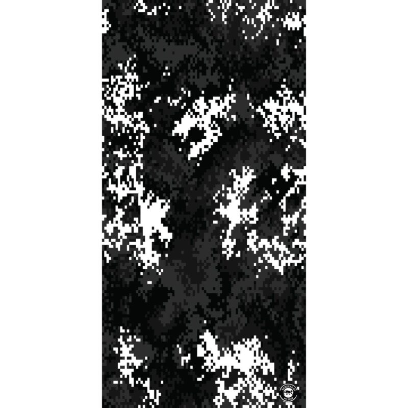 A vertical pattern of black and white digital camouflage displays an abstract arrangement of squares and irregular shapes creating a textured design suitable for military use.