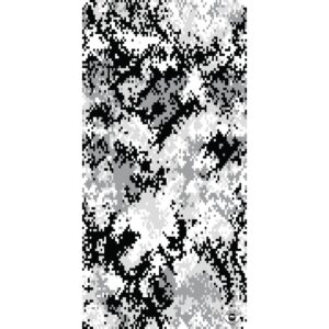A digital camouflage pattern in shades of black white and grey covers the surface with irregular pixelated shapes suggesting depth and texture suitable for military or tactical use.