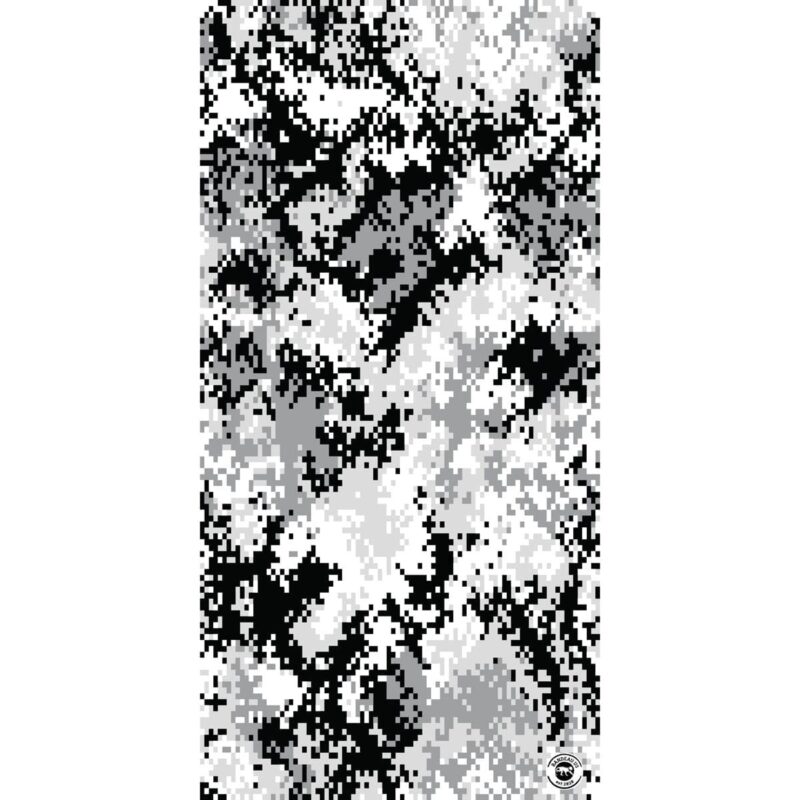 Digital Camo Tube Headband A digital camouflage pattern in shades of black white and grey covers the surface with irregular pixelated shapes suggesting depth and texture suitable for military or tactical use.