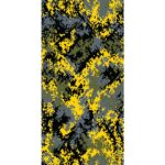 A digital camouflage pattern features a mix of yellow green gray and black colors arranged in pixelated designs creating an abstract and textured appearance typical for military applications.