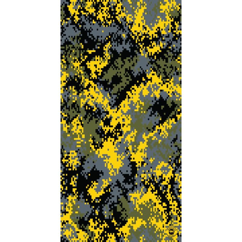 Digital Camo Tube Headband A digital camouflage pattern features a mix of yellow green gray and black colors arranged in pixelated designs creating an abstract and textured appearance typical for military applications.