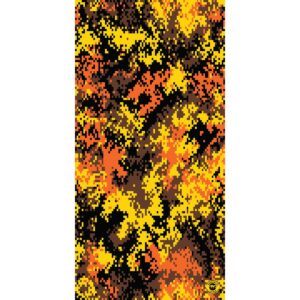 A vibrant abstract pattern features an array of pixelated shapes in shades of black orange and yellow resembling flames or lava with a textured appearance creating a visually striking backdrop.