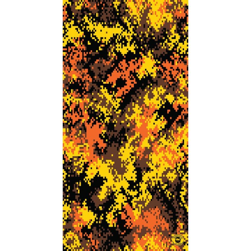 Digital Camo Tube Headband A vibrant abstract pattern features an array of pixelated shapes in shades of black orange and yellow resembling flames or lava with a textured appearance creating a visually striking backdrop.