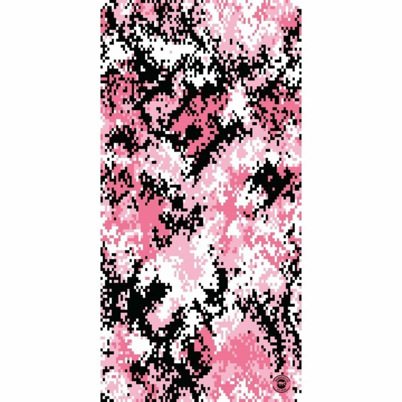 Digital Camo Tube Headband A colorful camouflage pattern features various shades of pink and white mixed with black shapes creating an abstract design suitable for fabric or military use.