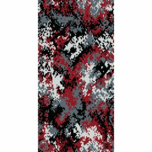 A digital camouflage pattern featuring irregular shapes in shades of red black and gray creates a textured visual effect suitable for military or tactical applications