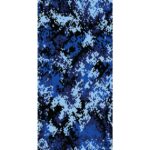 A digitally created camouflage pattern consists of various shades of blue and black arranged in a pixelated design  resembling abstract waves or shapes against a plain background.