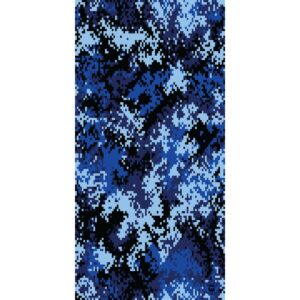 A digitally created camouflage pattern consists of various shades of blue and black arranged in a pixelated design  resembling abstract waves or shapes against a plain background.