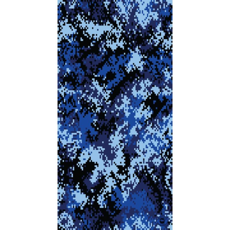 A digitally created camouflage pattern consists of various shades of blue and black arranged in a pixelated design  resembling abstract waves or shapes against a plain background.