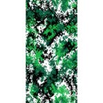 A digital camouflage pattern features various shades of green along with black and white  creating an irregular  pixelated design that suggests an outdoor  wooded environment.