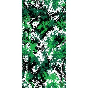 A digital camouflage pattern features various shades of green along with black and white  creating an irregular  pixelated design that suggests an outdoor  wooded environment.