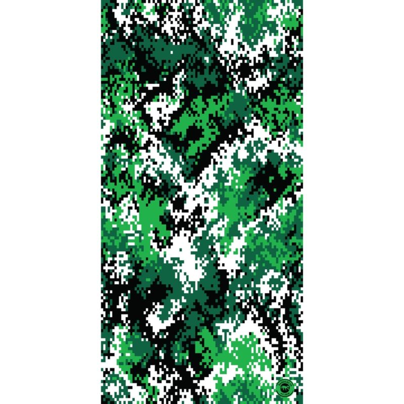 Digital Camo Tube Headband A digital camouflage pattern features various shades of green along with black and white creating an irregular pixelated design that suggests an outdoor wooded environment.