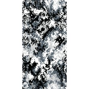 A vertical surface patterned in shades of gray and black displays a digital camouflage design with pixelated shapes blending together suggesting military or tactical use in various environments.