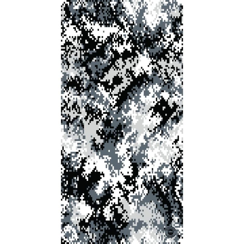 Digital Camo Tube Headband A vertical surface patterned in shades of gray and black displays a digital camouflage design with pixelated shapes blending together suggesting military or tactical use in various environments.