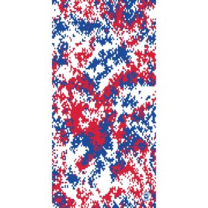 A patterned design primarily featuring red and blue irregular shapes against a white background creates a digital camo effect suitable for textiles or graphic applications.
