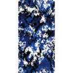 A patterned fabric primarily features blue shades with black and white pixelated designs creating a camouflage effect suitable for outdoor activities or military use.