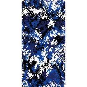 A patterned fabric primarily features blue shades with black and white pixelated designs creating a camouflage effect suitable for outdoor activities or military use.