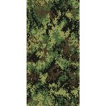 A digital camouflage pattern consisting of varying shades of green and brown shapes blended together creates a textured appearance resembling foliage suitable for use in military applications.
