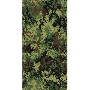 A digital camouflage pattern consisting of varying shades of green and brown shapes blended together creates a textured appearance resembling foliage suitable for use in military applications.