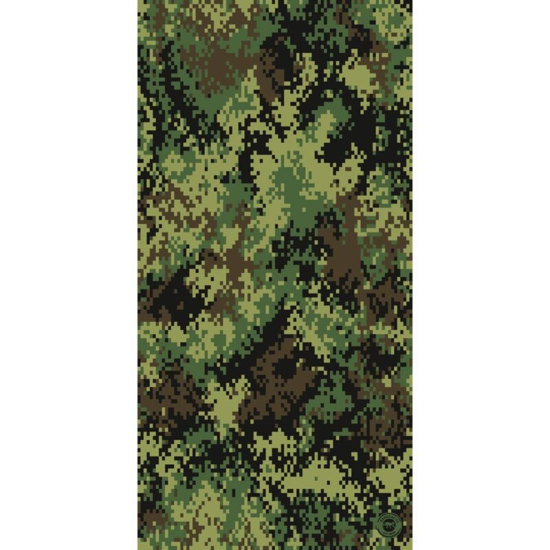 A digital camouflage pattern consisting of varying shades of green and brown shapes blended together creates a textured appearance resembling foliage suitable for use in military applications.