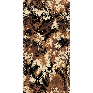 A camouflage pattern covers the entire surface with irregular shapes in shades of brown black and beige creating a disruptive visual effect suitable for military or outdoor use.