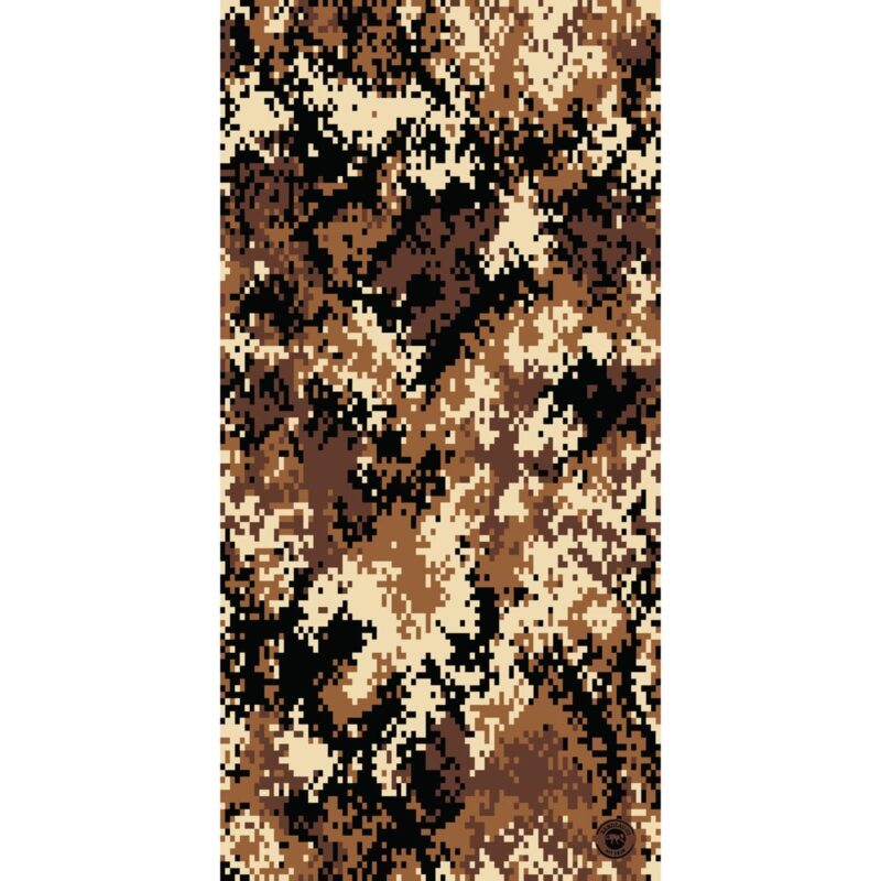 Digital Camo Tube Headband A camouflage pattern covers the entire surface with irregular shapes in shades of brown black and beige creating a disruptive visual effect suitable for military or outdoor use.
