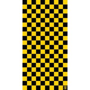 A repeating checkerboard pattern features alternating black and yellow squares arranged in a grid format creating a visually striking design suitable for a variety of applications such as backgrounds or decorations.
