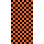 A checkerboard pattern composed of alternating orange and black squares fills the area  creating a bold visual contrast suitable for decorative or thematic purposes.