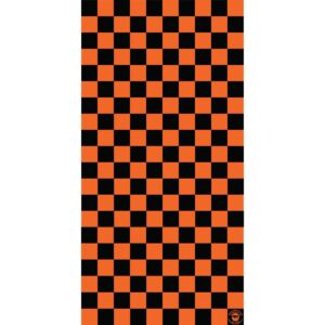 A checkerboard pattern composed of alternating orange and black squares fills the area  creating a bold visual contrast suitable for decorative or thematic purposes.