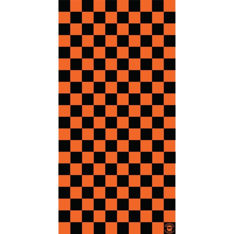 A checkerboard pattern composed of alternating orange and black squares fills the area  creating a bold visual contrast suitable for decorative or thematic purposes.