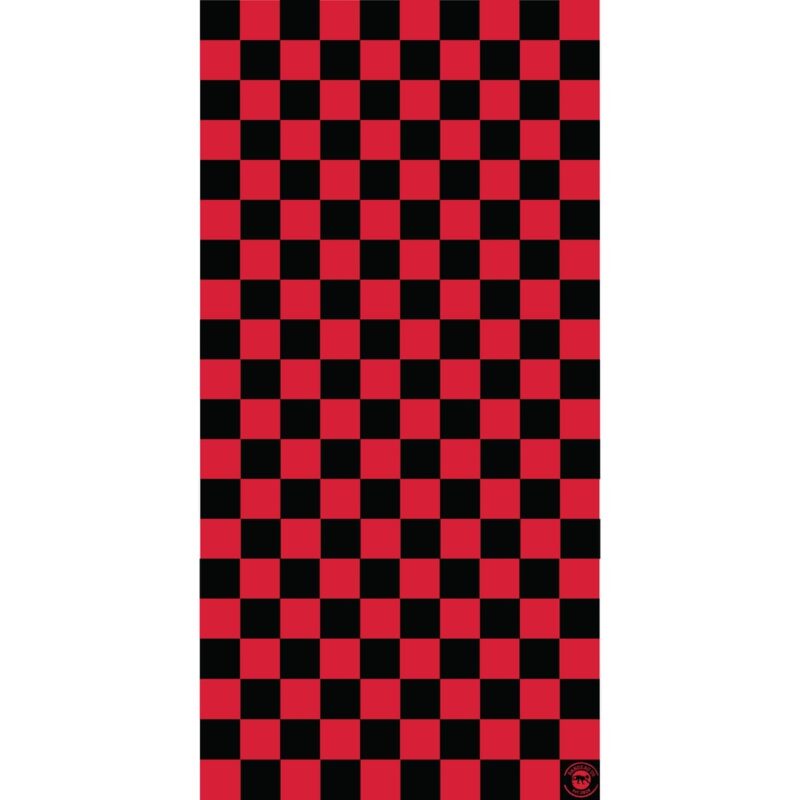 Checkered Tube Headband A checkered pattern object fills the space alternating between red and black squares creating a bold visual contrast within a simple background environment