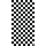 A checkered pattern consists of alternating black and white squares arranged in a grid covering a vertical surface with a logo in the bottom right corner.