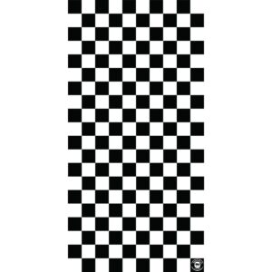 A checkered pattern consists of alternating black and white squares arranged in a grid covering a vertical surface with a logo in the bottom right corner.