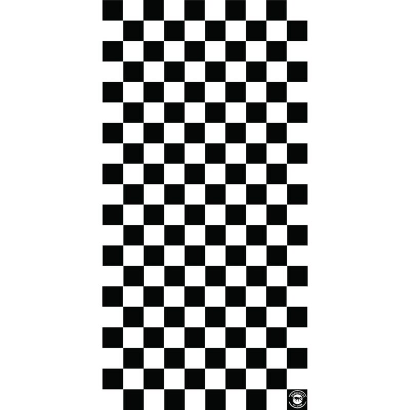 A checkered pattern consists of alternating black and white squares arranged in a grid covering a vertical surface with a logo in the bottom right corner.
