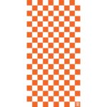 A vertical pattern of alternating orange and white checkered squares is displayed with a small logo in the bottom right corner against a clean white backdrop.