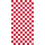 A repeating pattern of red and white checkered squares fills the vertical space creating a bold visual effect suitable for picnic or kitchen themes. A logo is present at the bottom right.
