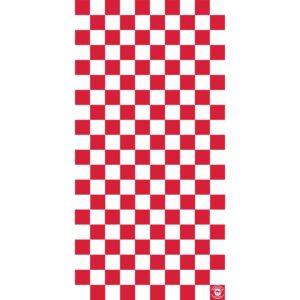 A repeating pattern of red and white checkered squares fills the vertical space creating a bold visual effect suitable for picnic or kitchen themes. A logo is present at the bottom right.