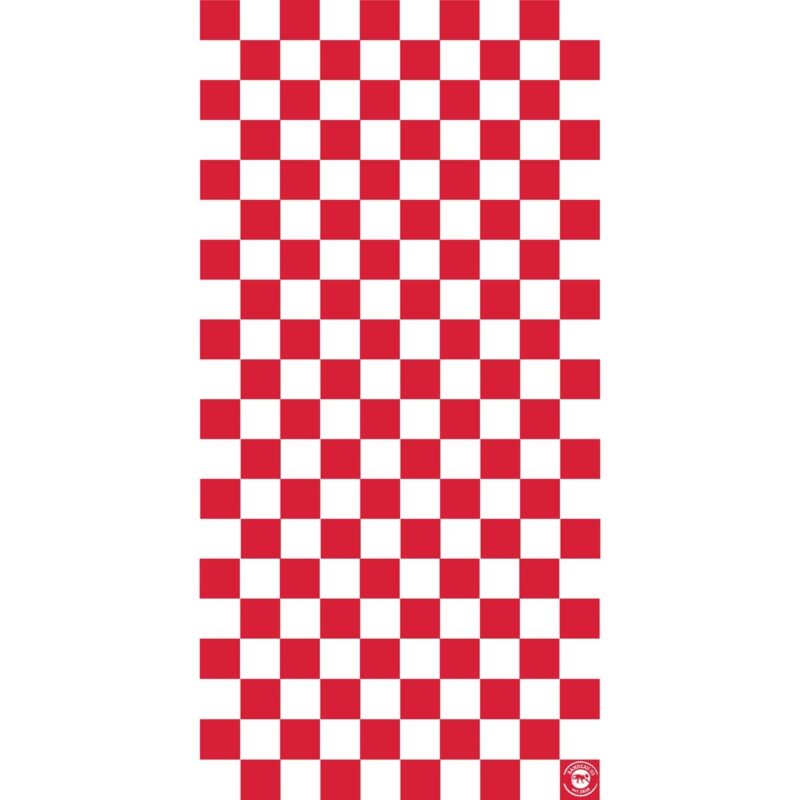 Checkered Tube Headband A repeating pattern of red and white checkered squares fills the vertical space creating a bold visual effect suitable for picnic or kitchen themes. A logo is present at the bottom right.