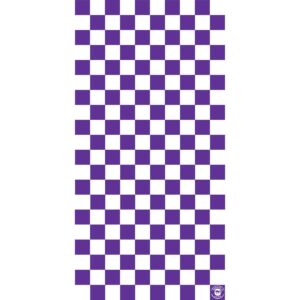 A pattern of alternating purple and white squares creates a checkerboard design that fills the entire background with a small logo in the bottom right corner.