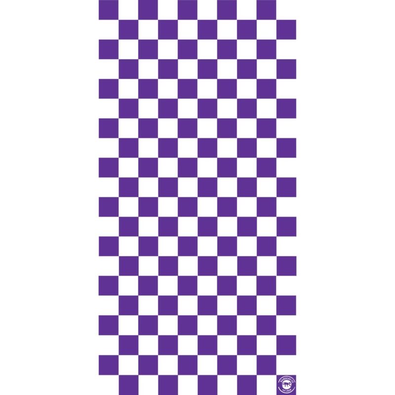 Checkered Tube Headband A pattern of alternating purple and white squares creates a checkerboard design that fills the entire background with a small logo in the bottom right corner.