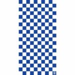 A grid of alternating blue and white squares forms a checkered pattern extending vertically with a logo in the bottom right corner suggesting a themed design or branding.