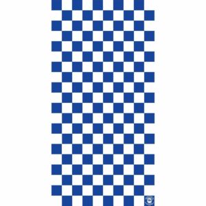 A grid of alternating blue and white squares forms a checkered pattern extending vertically with a logo in the bottom right corner suggesting a themed design or branding.