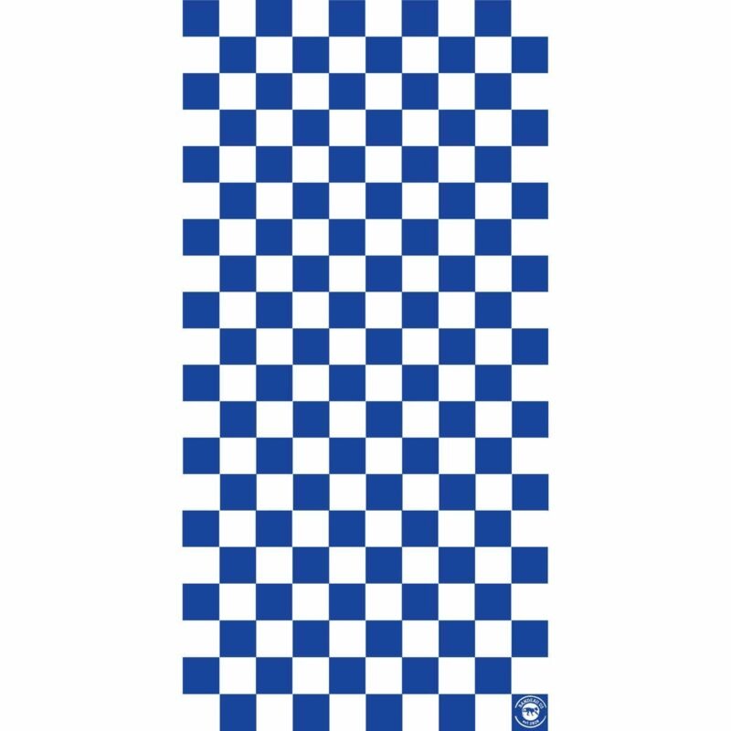 Checkered Tube Headband A grid of alternating blue and white squares forms a checkered pattern extending vertically with a logo in the bottom right corner suggesting a themed design or branding.