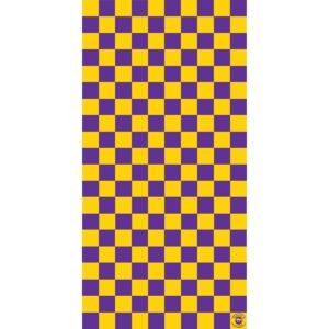 A patterned object displays alternating squares of yellow and purple colors arranged in a grid format covering the entire surface against a white background.