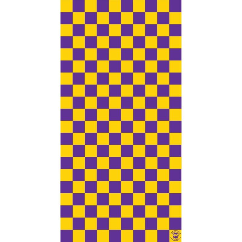 Checkered Tube Headband A patterned object displays alternating squares of yellow and purple colors arranged in a grid format covering the entire surface against a white background.