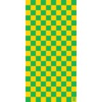 A vertical patterned fabric features a repeating grid of alternating green and yellow squares creating a vibrant checkered design suitable for various decorative purposes.