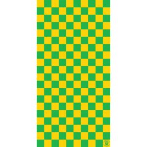 A vertical patterned fabric features a repeating grid of alternating green and yellow squares creating a vibrant checkered design suitable for various decorative purposes.