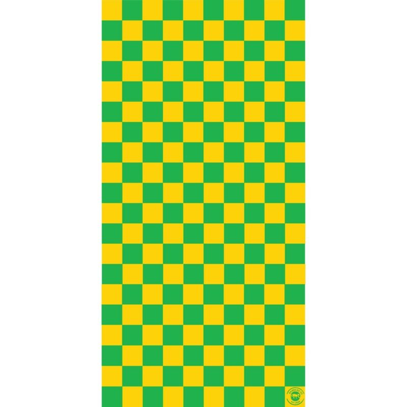 A vertical patterned fabric features a repeating grid of alternating green and yellow squares creating a vibrant checkered design suitable for various decorative purposes.