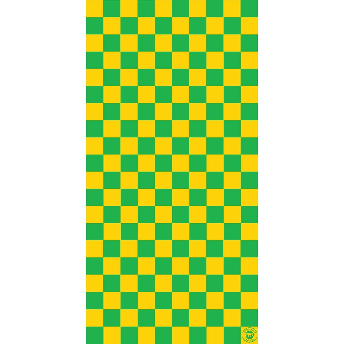 A vertical patterned fabric features a repeating grid of alternating green and yellow squares creating a vibrant checkered design suitable for various decorative purposes.