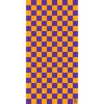 A grid of alternating orange and purple squares fills the entire vertical space creating a checkerboard pattern with sharp contrast and a visually engaging design