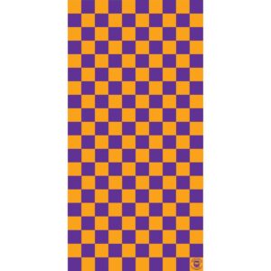 A grid of alternating orange and purple squares fills the entire vertical space creating a checkerboard pattern with sharp contrast and a visually engaging design